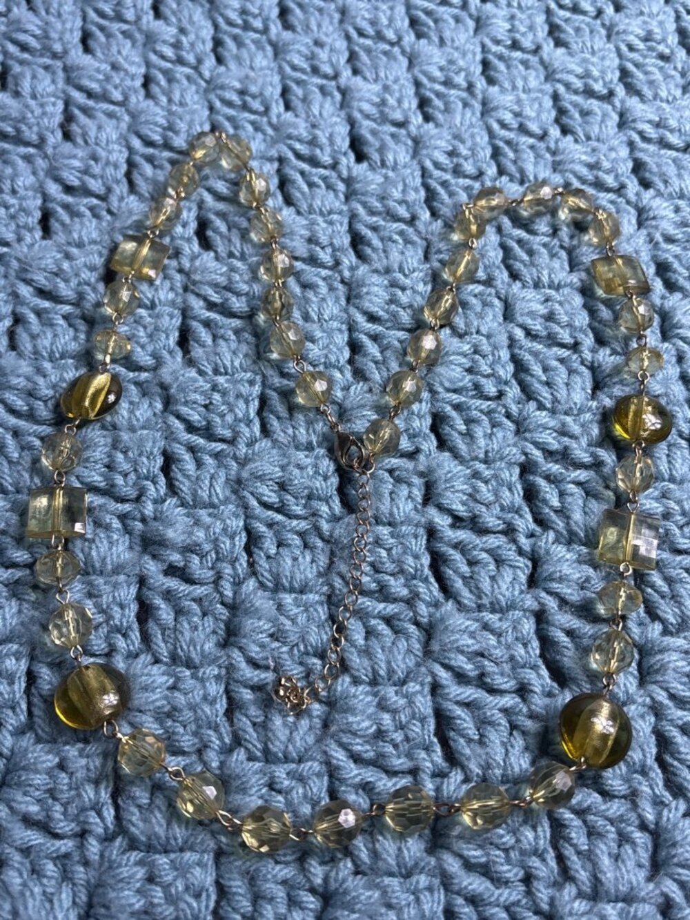 Green Acrylic and Glass Beaded Chain Necklace Goldtone 29 - 32 inches Long